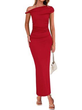 Women's Cocktail Summer One Shoulder Twist Strap Red Bodycon Party Maxi Dress